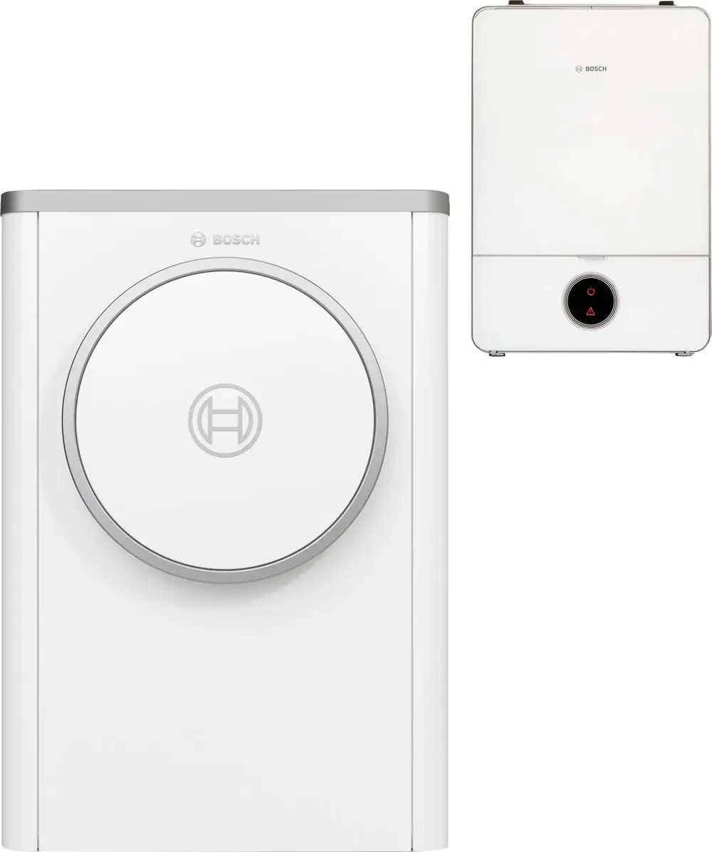 Weißes Heizgerät von Bosch mit runder Front, daneben ein kompakter Wassergerät mit Touchscreen-Bedienelement und Sicherheitsanzeige.
